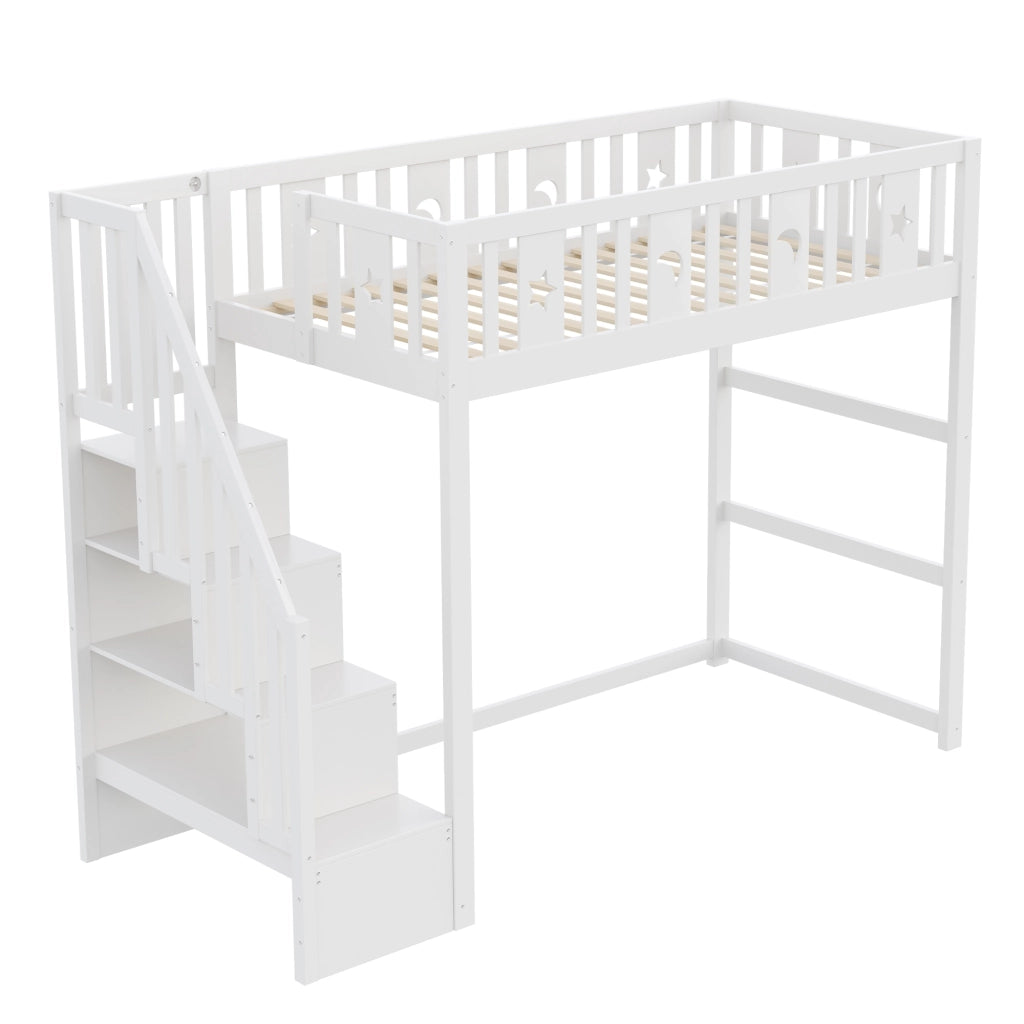 OKWISH Letto a Soppalco 90×200 cm, Letto Singolo con Scala, Mensole e Sponda, senza Materasso, in Legno Massello, Bianco