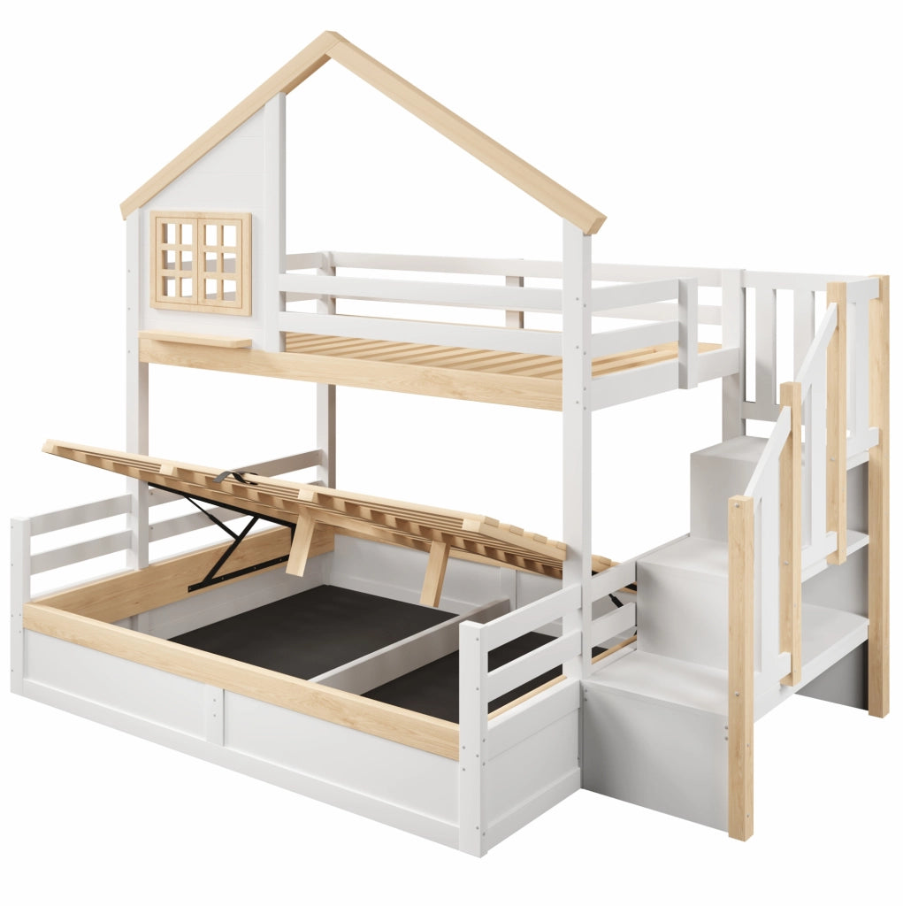 Letto a castello con contenitore idraulico 90x200/140x200 cm; bianco e naturale