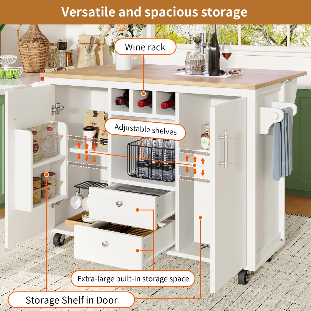 Carrello da Cucina con 2 Cassetti; 2 Ante; Piano Pieghevole; Portasciugamani; Portabottiglie; Bianco