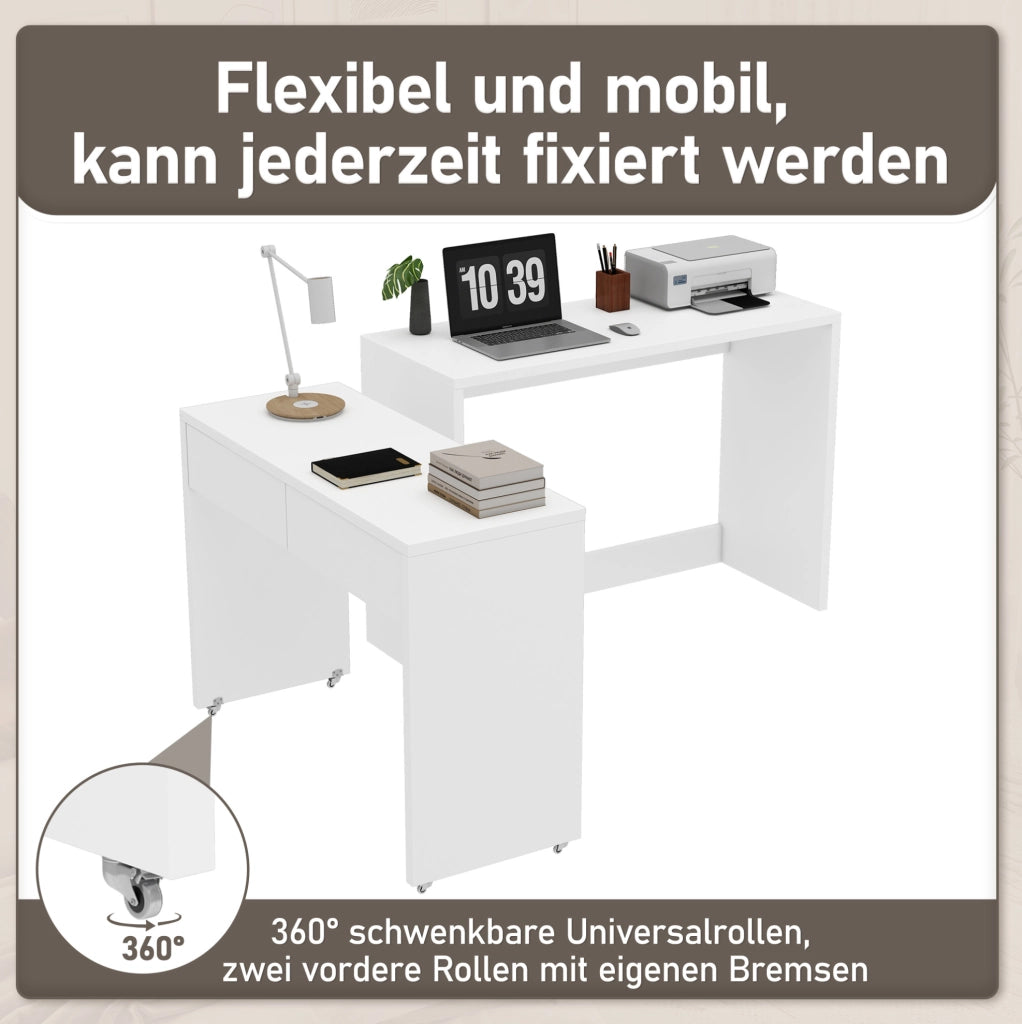 Scrivania pieghevole 2 in 1 110x40x78 cm in pannello truciolare bianco con ruote e cassetti