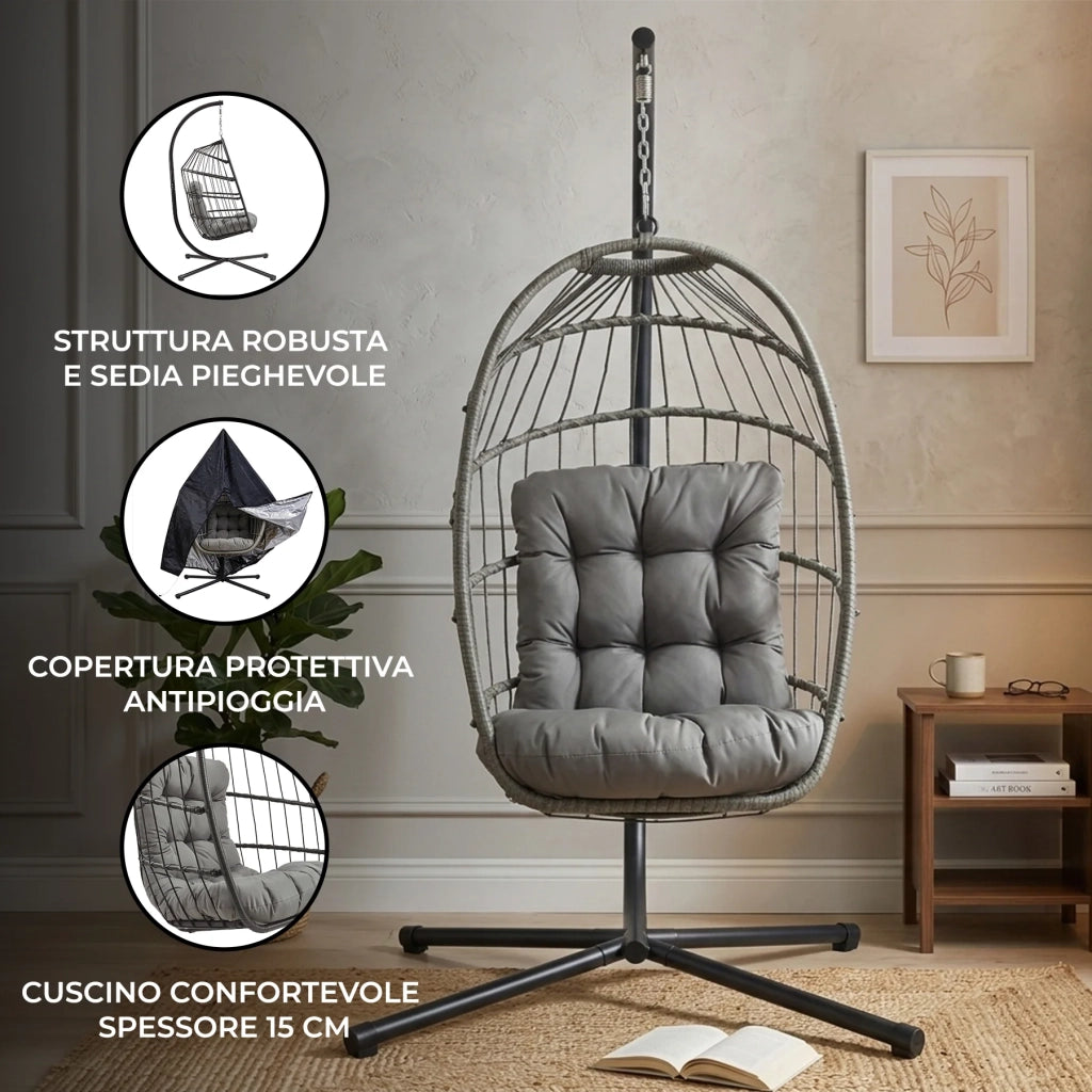 Poltrona Uovo Sospesa Rattan Grigio Altalena Giardino con Cuscino