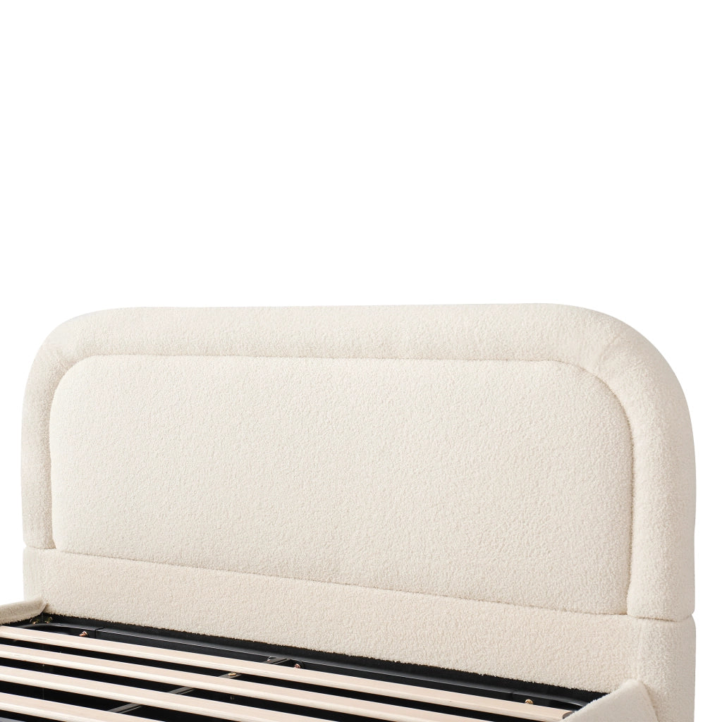 Letto matrimoniale 140x200 cm in bouclé beige con contenitore idraulico, rete a doghe e testiera imbottita
