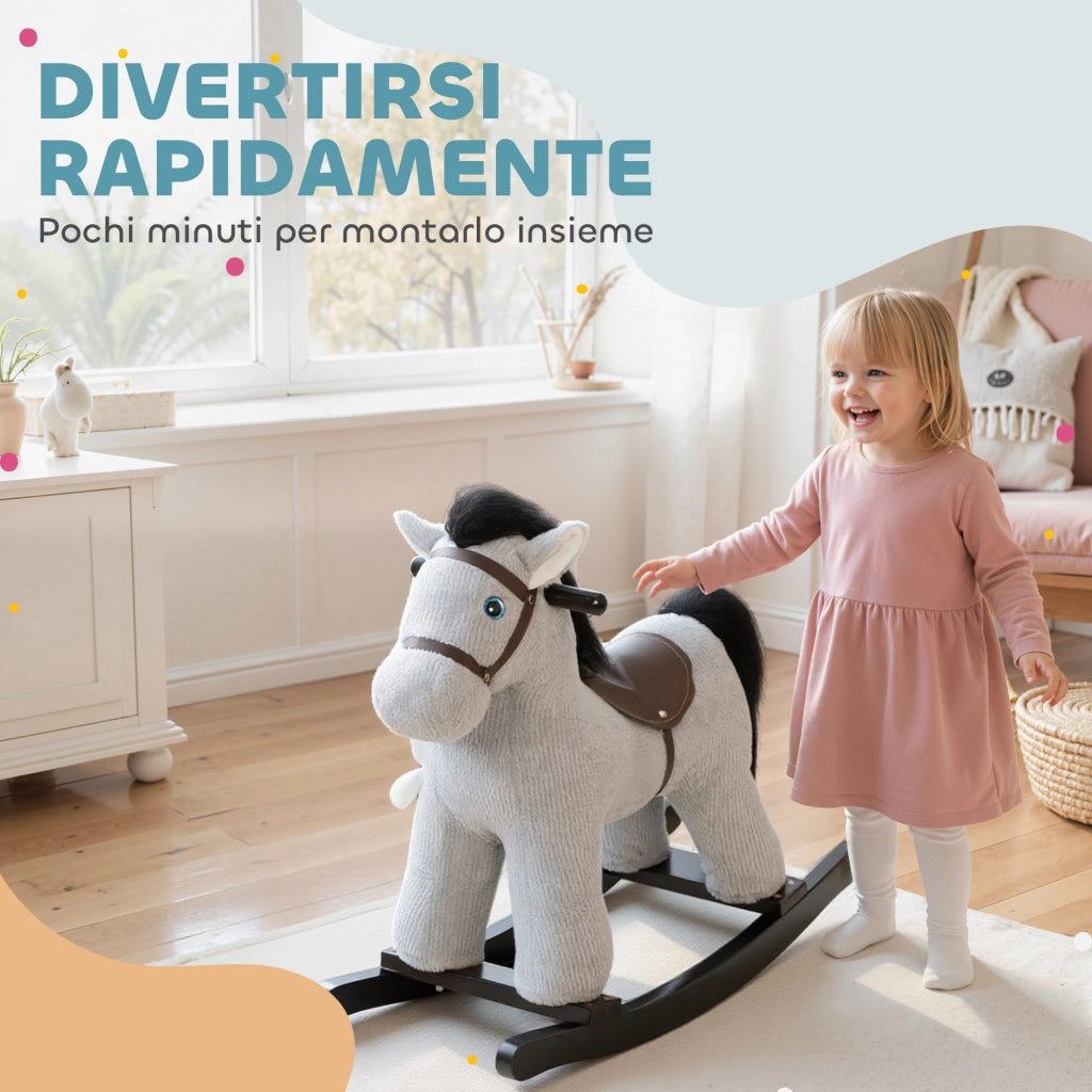 Cavallo a Dondolo per Bambini con Suoni e Peluche ¨C Zephmum ¨C Grigio Legno Acciaio