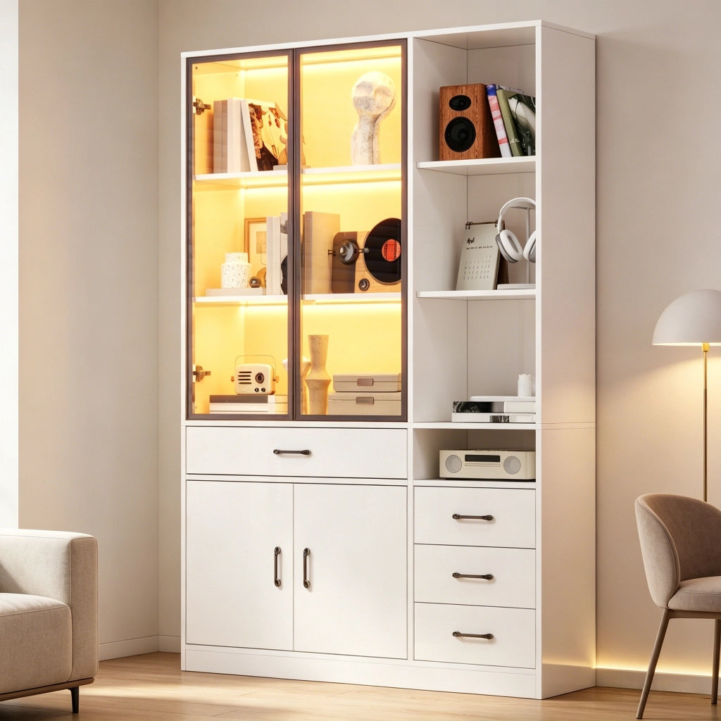 Libreria vetrina con 2 porte in vetro; 4 cassetti; 13 spazi di contenimento; LED; per soggiorno; 120 × 35 × 200 cm