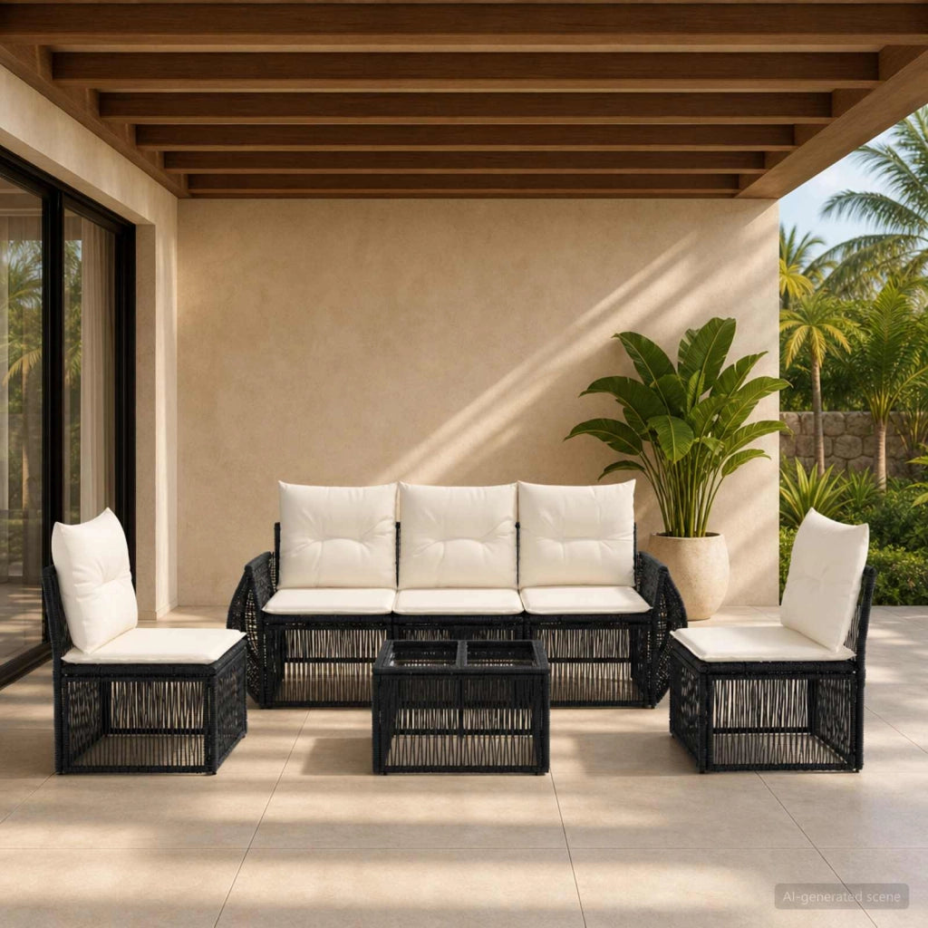 Set Divano da Giardino 6 pz Nero e Bianco Crema polyrattan 3435376