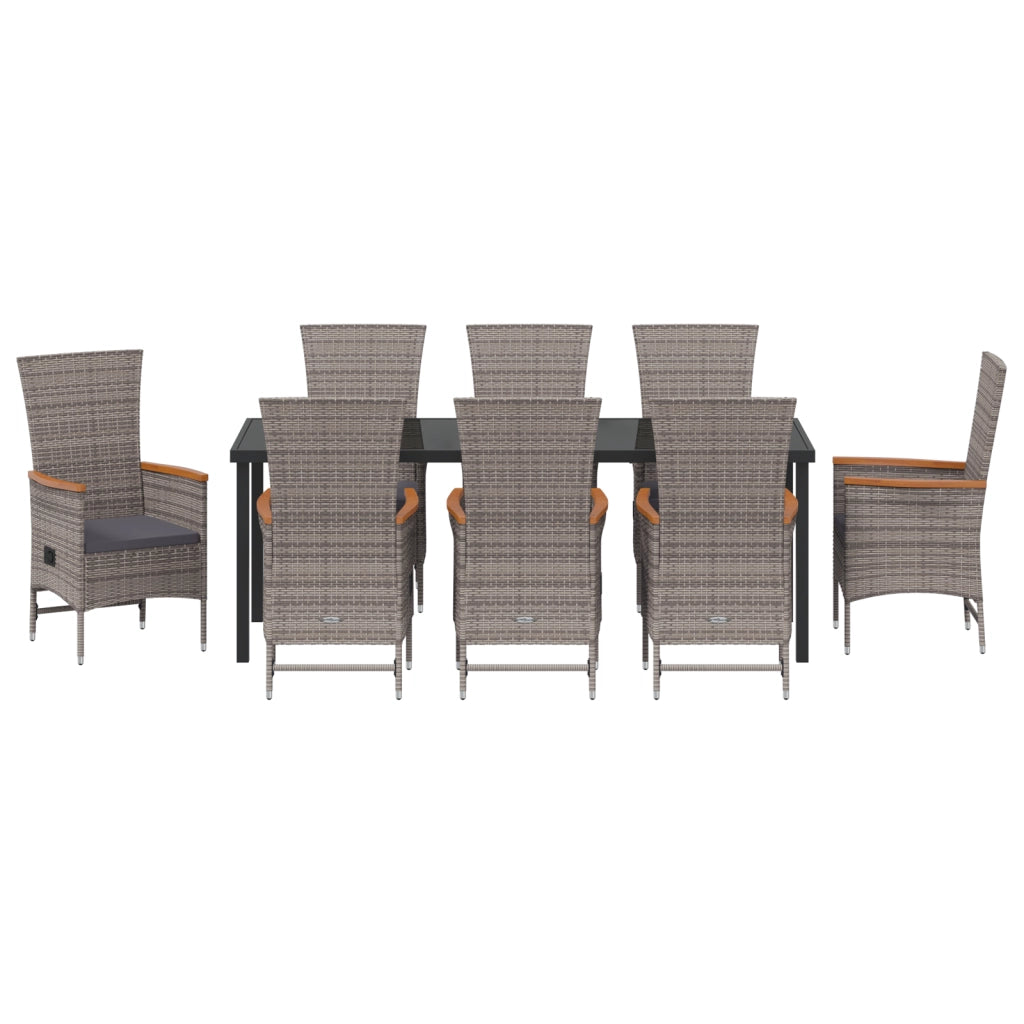 Set da Pranzo da Giardino 9 Posti con Cuscini Grigio Rattan Poliestere