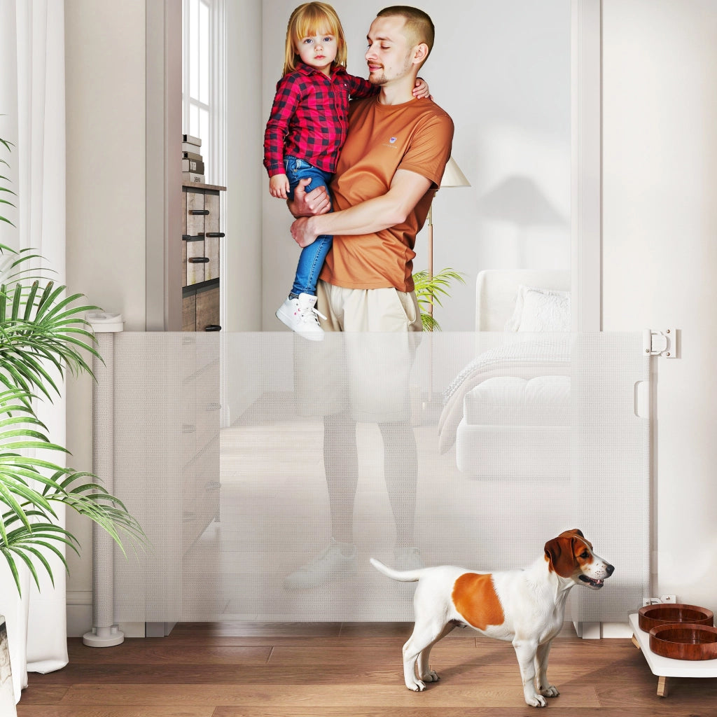 Barriera di sicurezza per cani retrattile con chiusura ¨C zephmum ¨C 142x10x87 cm bianco