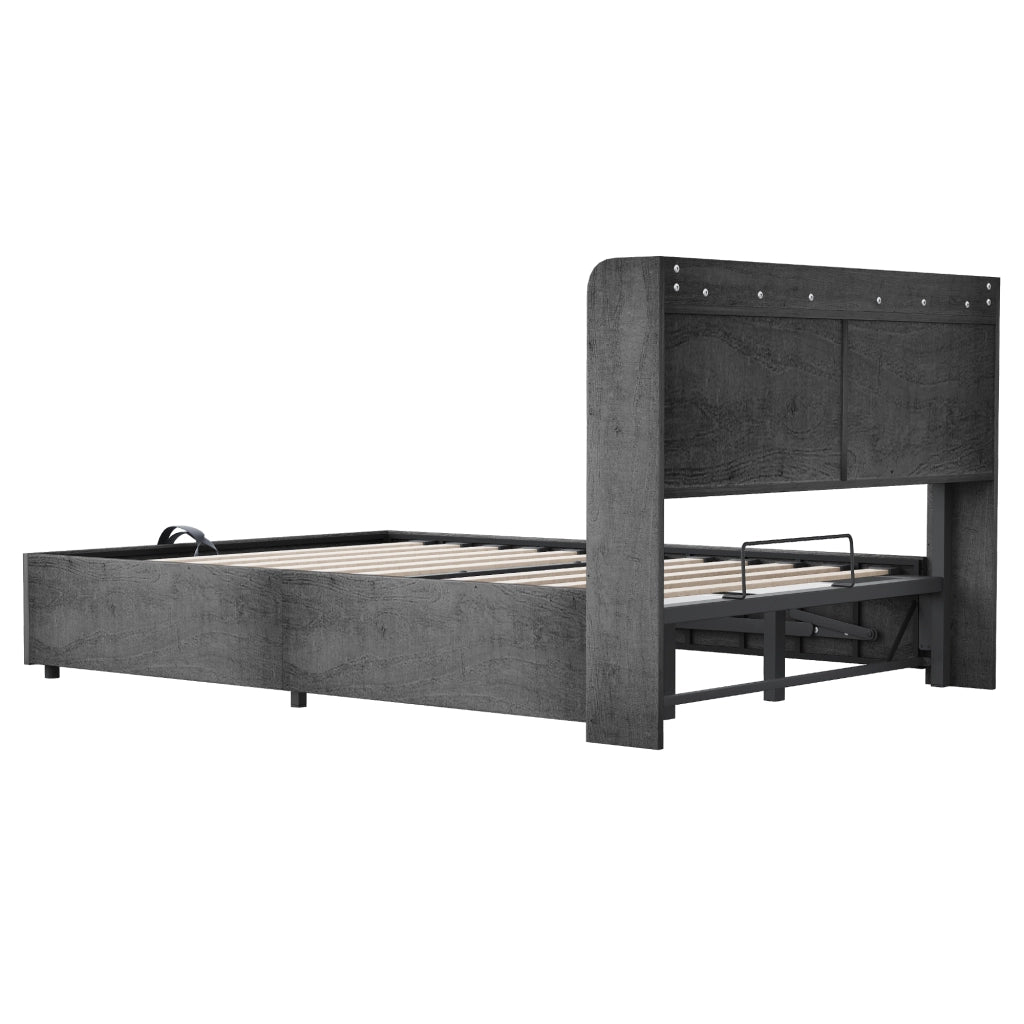 Letto Contenitore Letto Singolo 180 x 200 cm con USB; Type-C e Testiera con Ripiani; Grigio
