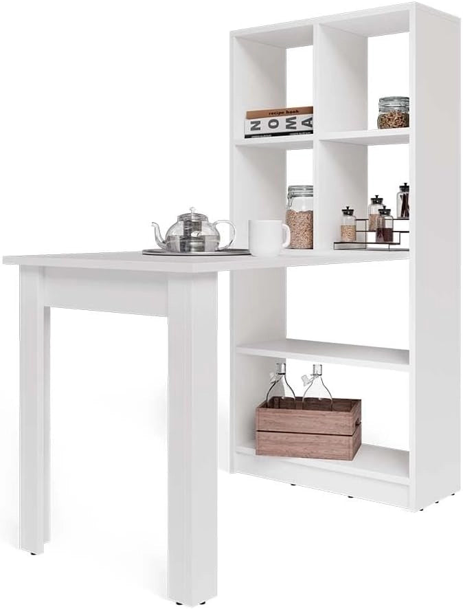 Tavolo da pranzo Gael, Bianco, 70 x 122 cm con 6 scomparti, adatto come zona pranzo e per riporre utensili da cucina