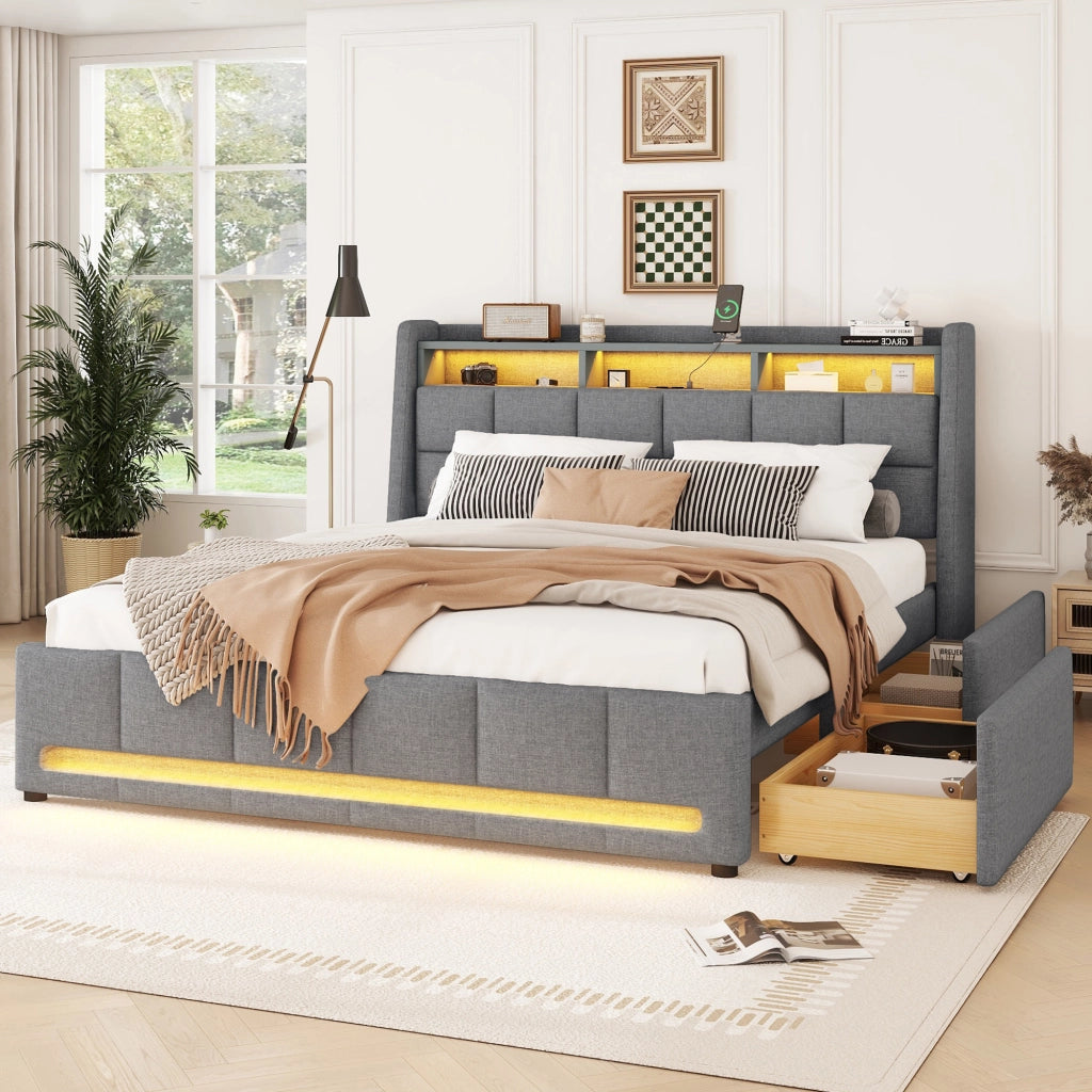 Letto con Cassetti Matrimoniale; USB; LED Regolabile e Vano Contenitore; 140 × 200 cm; senza Materasso; Lino Grigio