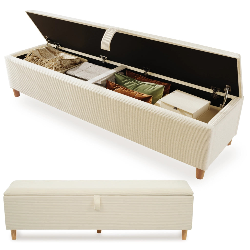 Panca letto contenitore in tessuto beige 175x38 cm con vano portaoggetti idraulico