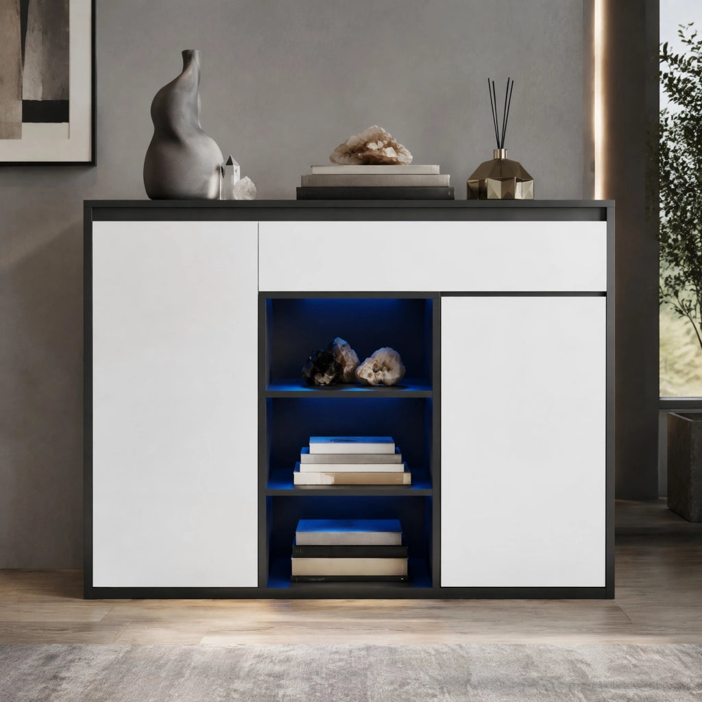 Mobile scarpiera moderno con LED; 2 ante e cassetto 105 x 39;5 x 86 cm; nero e bianco