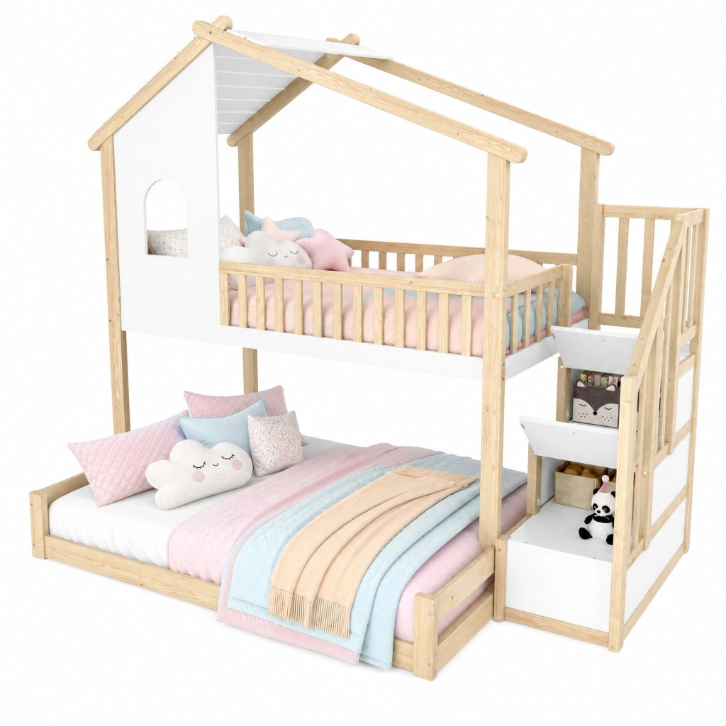 Letto a castello per bambini 90x200/140x200 cm con scala contenitore e sponde; naturale e bianco