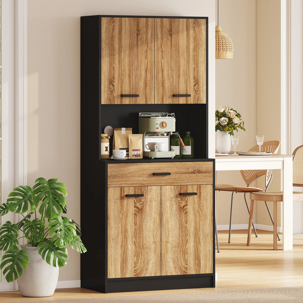 Armadio per Cucina in Legno con 2 Ante e Cassetto ¨C Zephmum ¨C Nero e Legno 80x40x180 cm