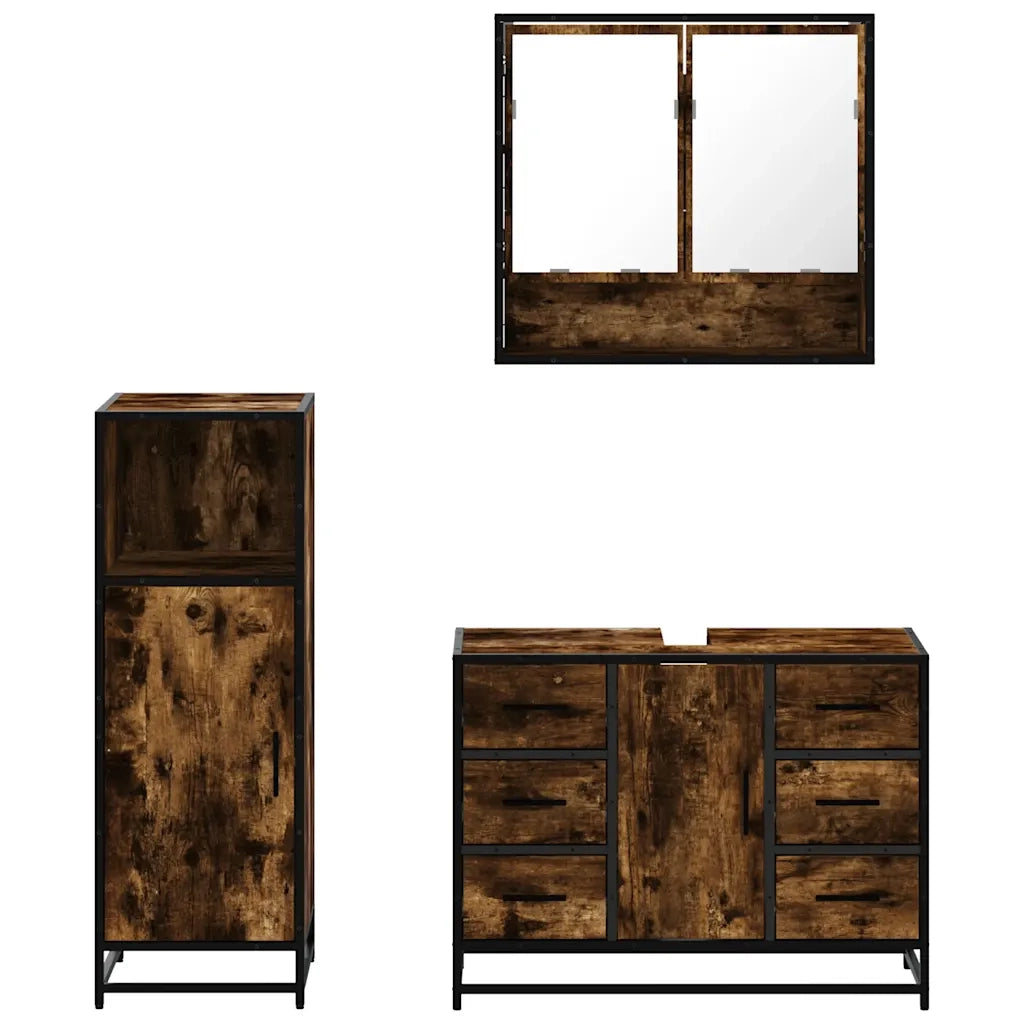 Set Mobili da Bagno 3 pz Rovere Fumo in Legno Multistrato 3300992