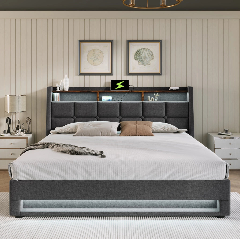 Letto imbottito contenitore 140x200 cm con USB; LED e materasso; grigio