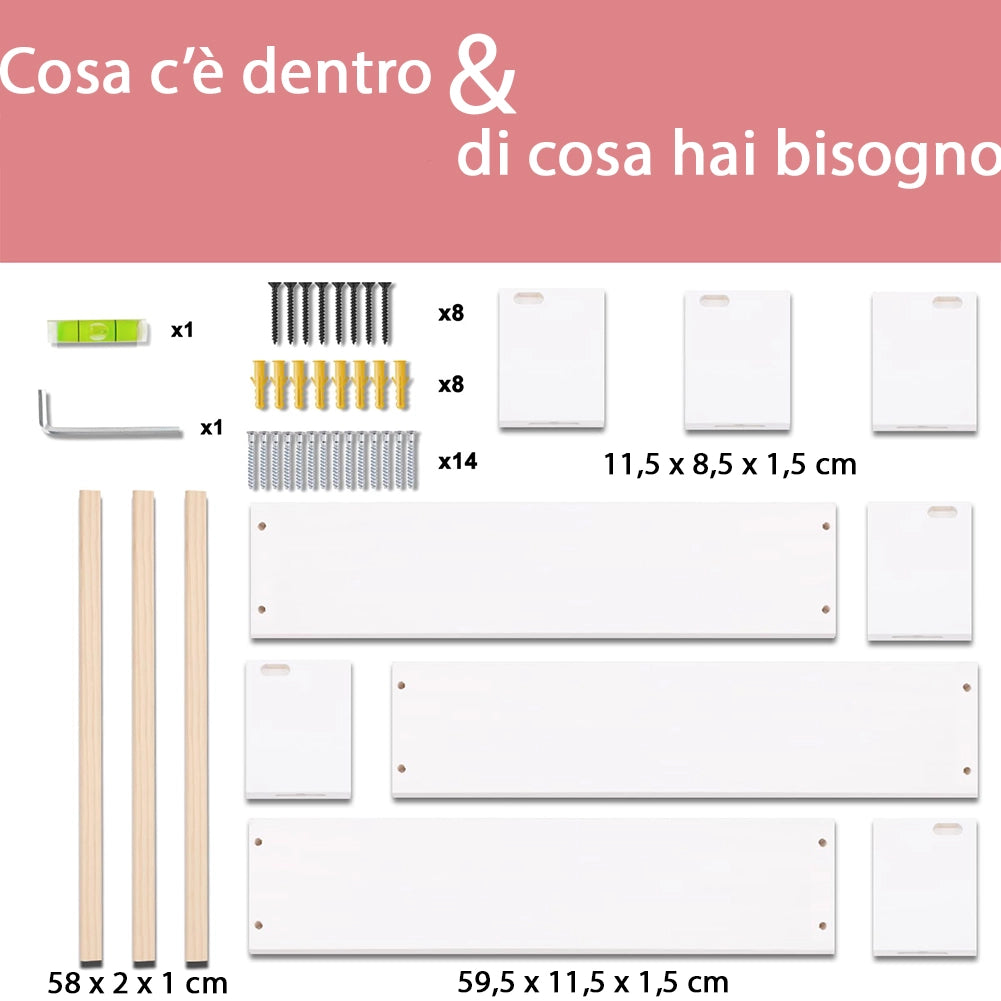Set 3 Mensole Legno da Parete Scaffalatura Salvaspazio Scaffale Bianco e Quercia