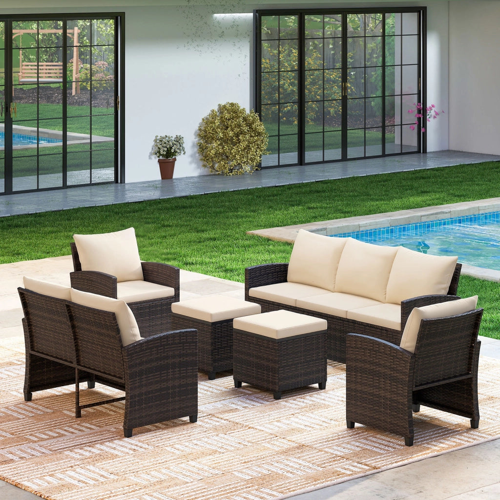 Set salotto da esterno in rattan PE con divano a 3 posti divano a 2 posti, Set da giardino con 2 poltrone e 2 poggiapiedi Beige