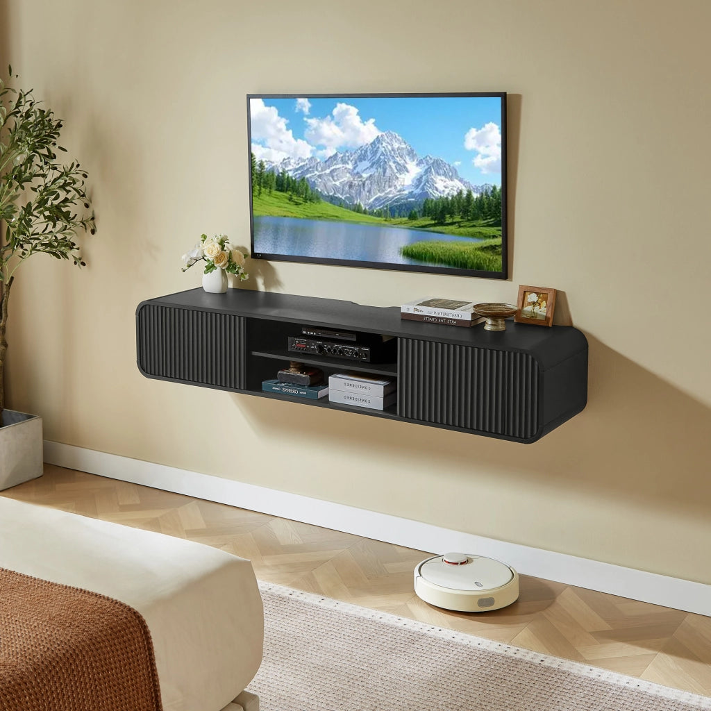 Mobile TV sospeso 160 cm nero con vani aperti e passacavi
