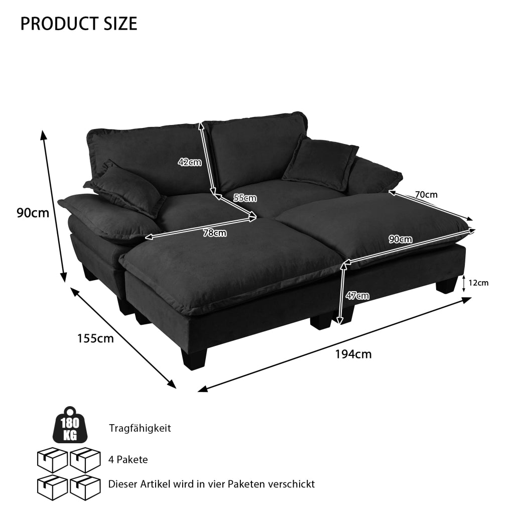 Divano modulare ULEVR 194x151 cm in ciniglia nera con pouf rimovibile e braccioli ampi