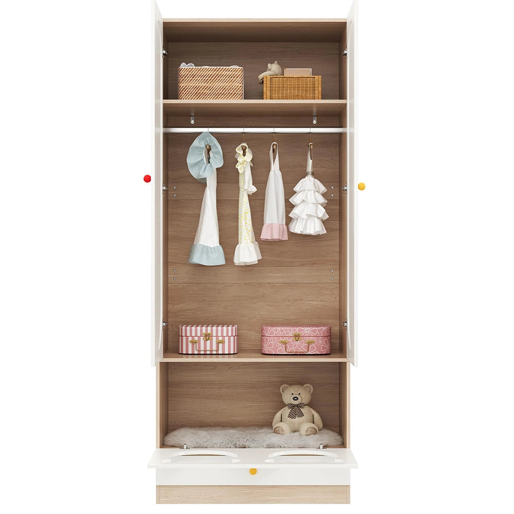 Armadio combinato bambino 2 pezzi 160x50x200 cm - Xylo - con appendiabiti e cuccia per gatto, bianco e naturale