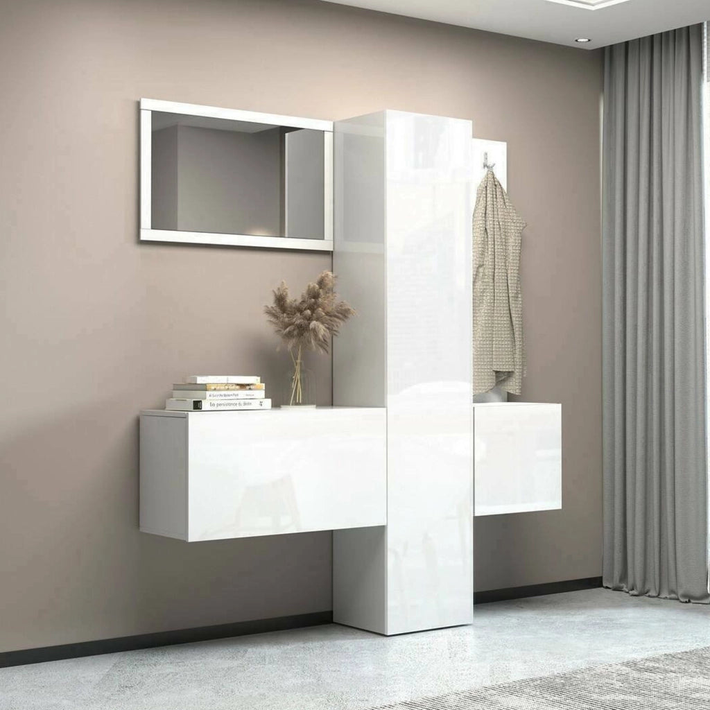 Mobile da ingresso Barengo, Armadietto multifunzione a 3 ante, Appendiabiti da parete con specchio, 170x35h190 cm, Bianco
