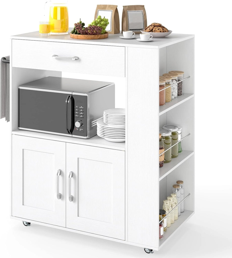 Carrello da Cucina con Ruote, Isola da Cucina con 3 Portaspezie 1 Cassetto Armadietto a 2 Porte, Carrello Portaoggetti con Portasciugamani, 82x46x92 cm (Bianco+bianco)