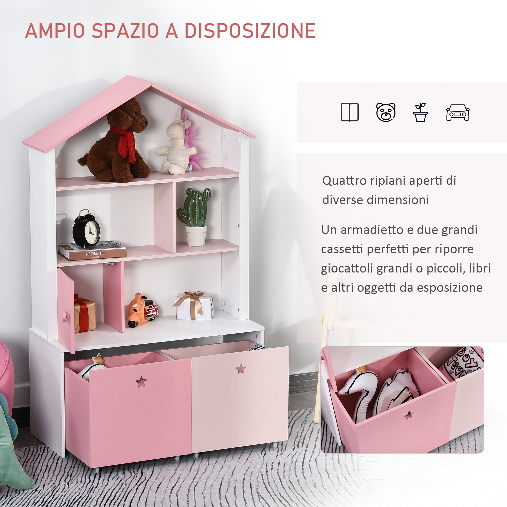 Easycomfort Libreria Scaffale Portagiochi Rosa per Cameretta Bimbi e Ragazzi con 2 Cassetti Estraibili, 80 x 34 x 130 cm
