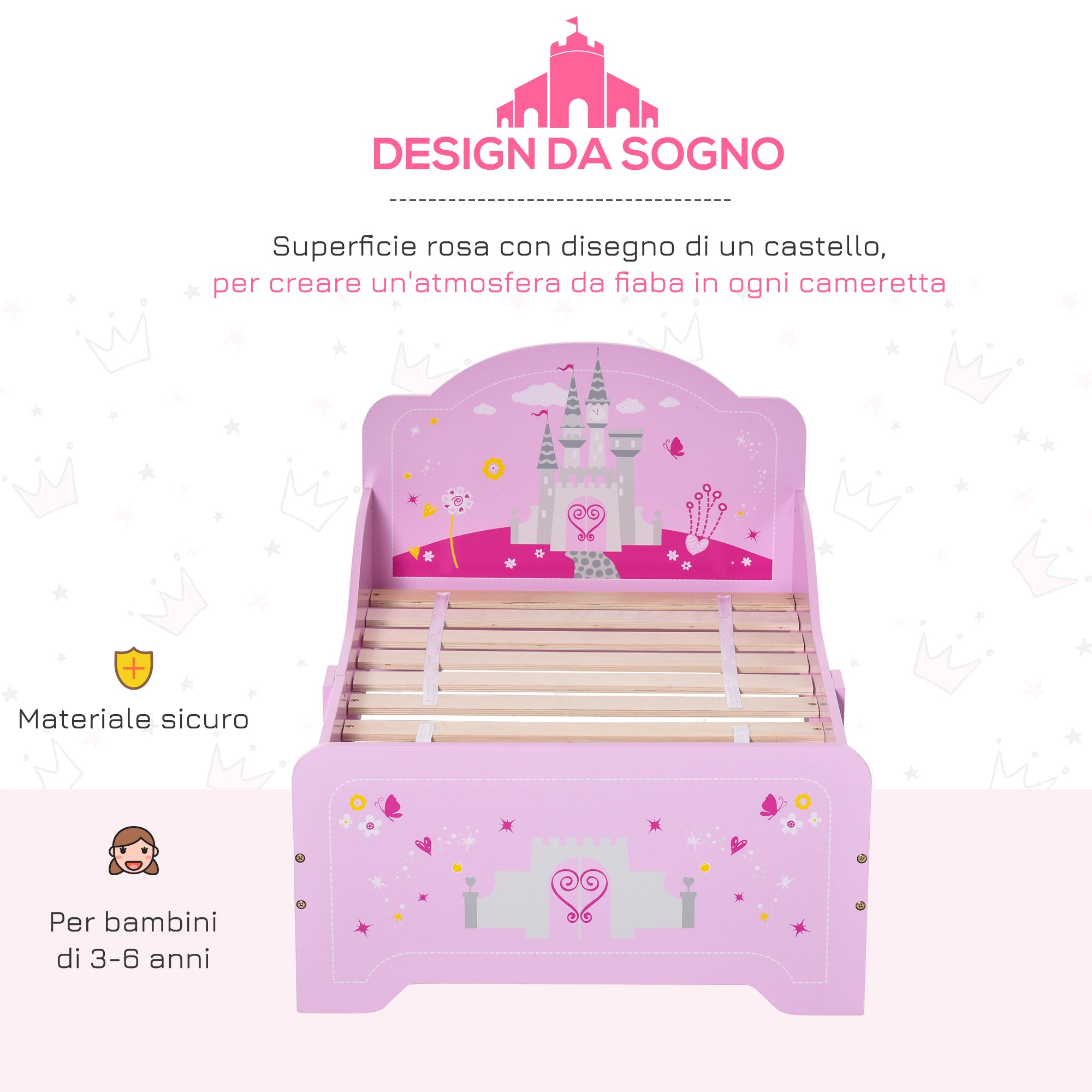 Easycomfort Letto per Bambini con Bordi Rialzati in Legno per Cameretta, Lettino per Bimbi da 3-6 Anni, 143x73x60cm, Rosa