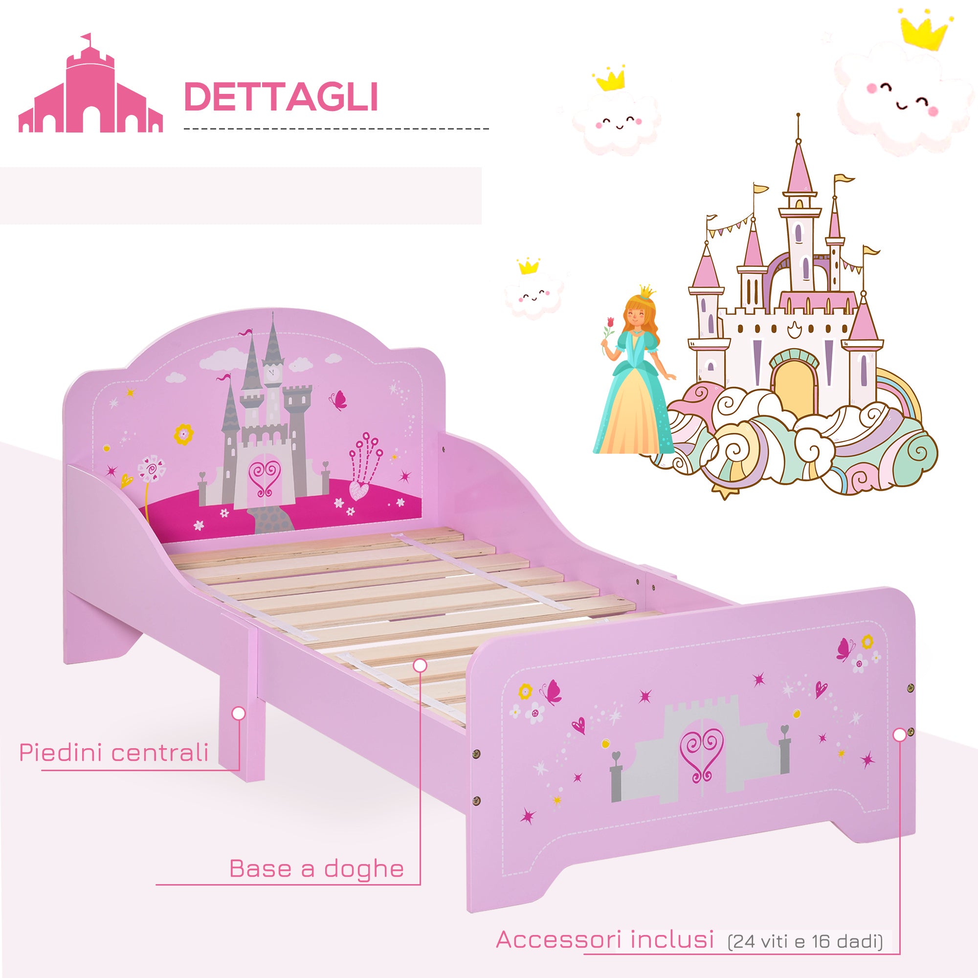 Easycomfort Letto per Bambini con Bordi Rialzati in Legno per Cameretta, Lettino per Bimbi da 3-6 Anni, 143x73x60cm, Rosa