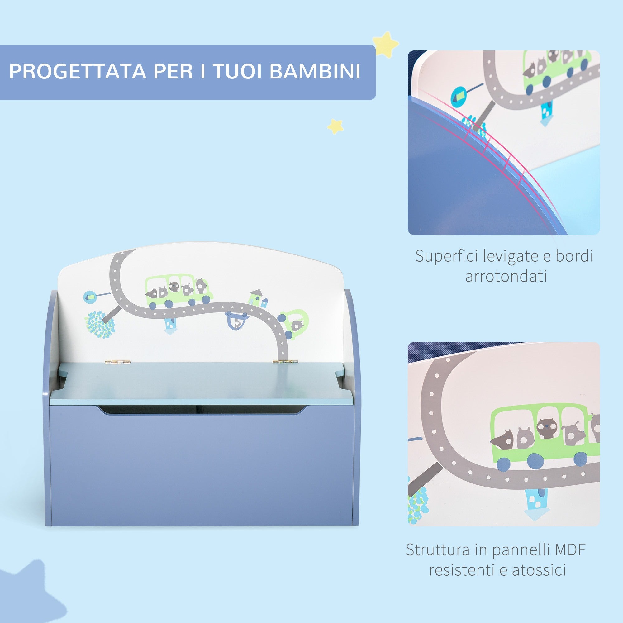 Easycomfort Cassapanca Baule Portagiochi, Panca in Legno Blu per Cameretta Bambini 3-6 Anni, 60 x 30 x 50 cm