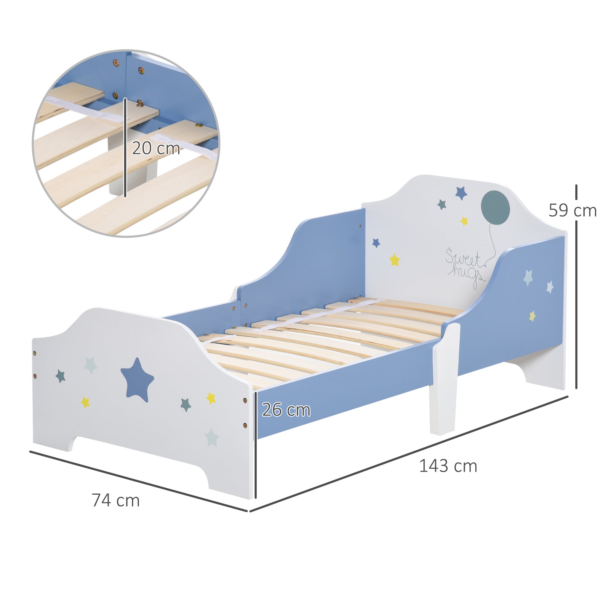 Easycomfort Letto Basso per Bambini e Bambine di +3 Anni con Sponde, Lettino Blu e Bianco, 143 x 74 x 59 cm