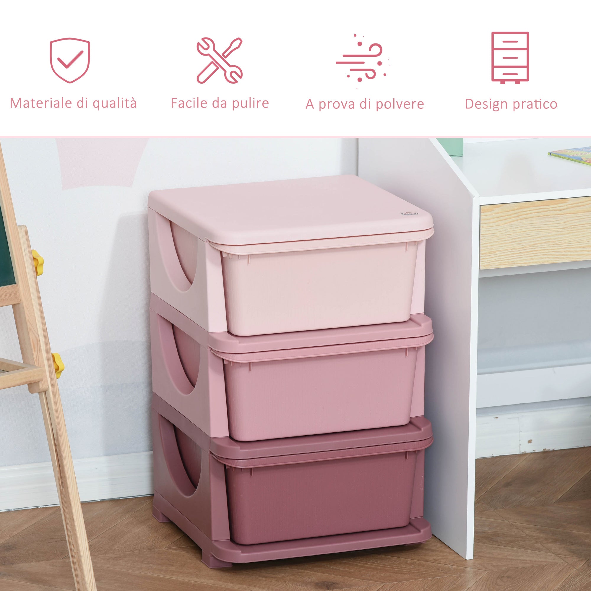Easycomfort Cassettiera in Plastica Colorata per Cameretta con 3 Cassetti 37x37x56.5cm Rosa