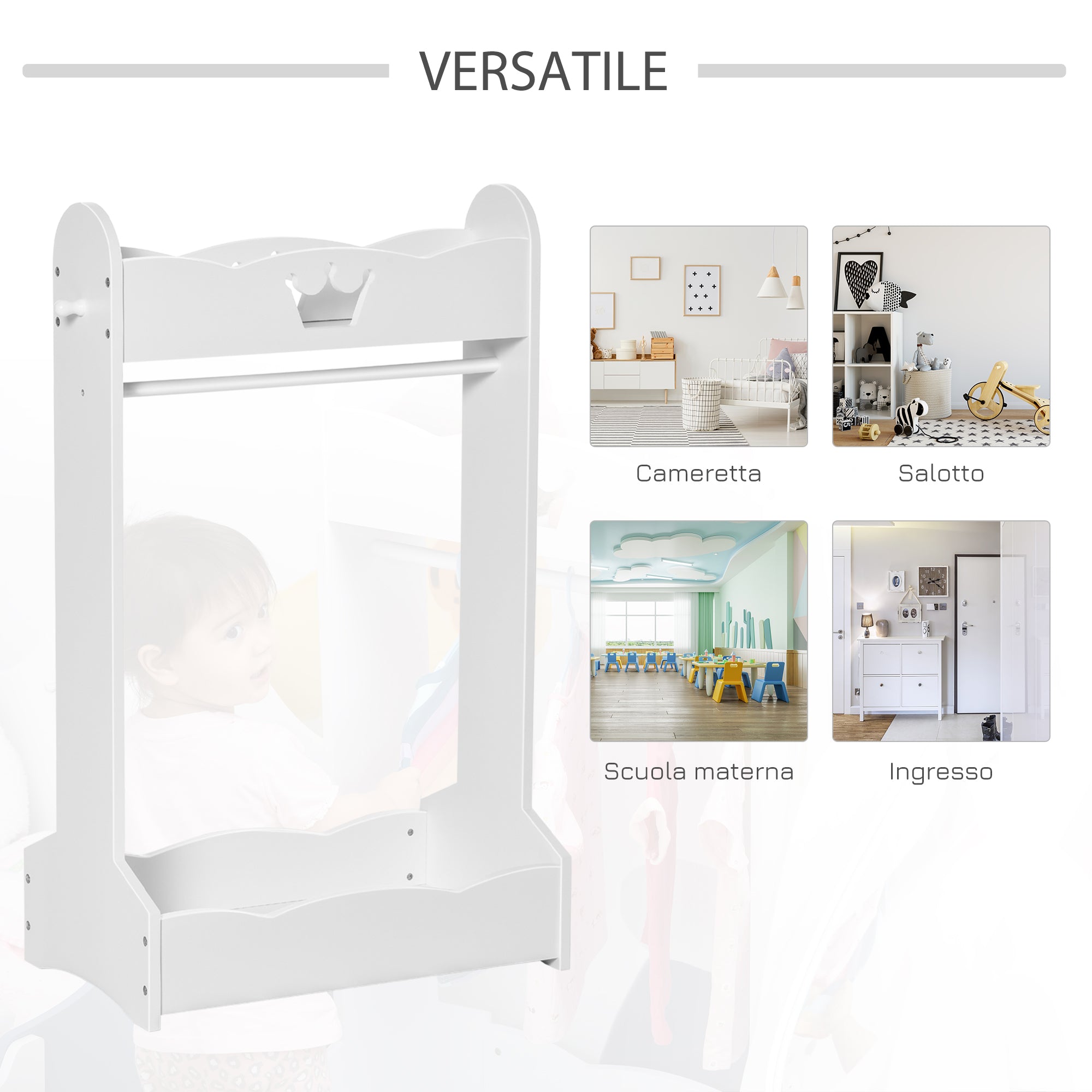 Easycomfort Appendiabiti per Bambini con Ripiani e Ganci Laterali, Arredamento per Cameretta in Legno, 70.5x37x103cm, Bianco