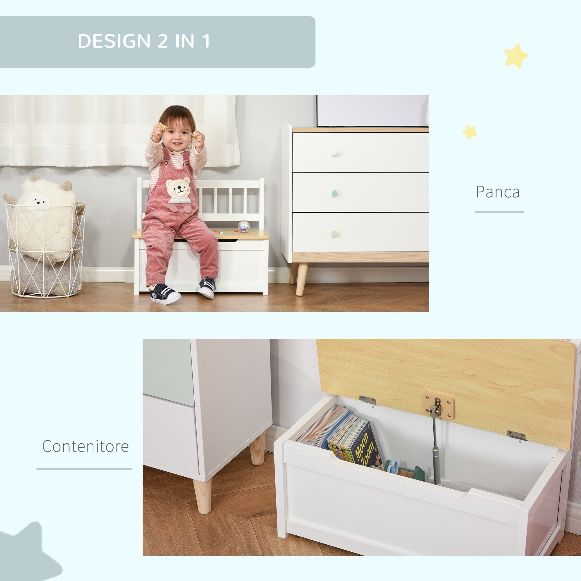 Easycomfort Cassapanca per Bambini 2 in 1 in Legno con Pistone per Chiusura Sicura, 60x30x50cm Bianco e Legno Naturale