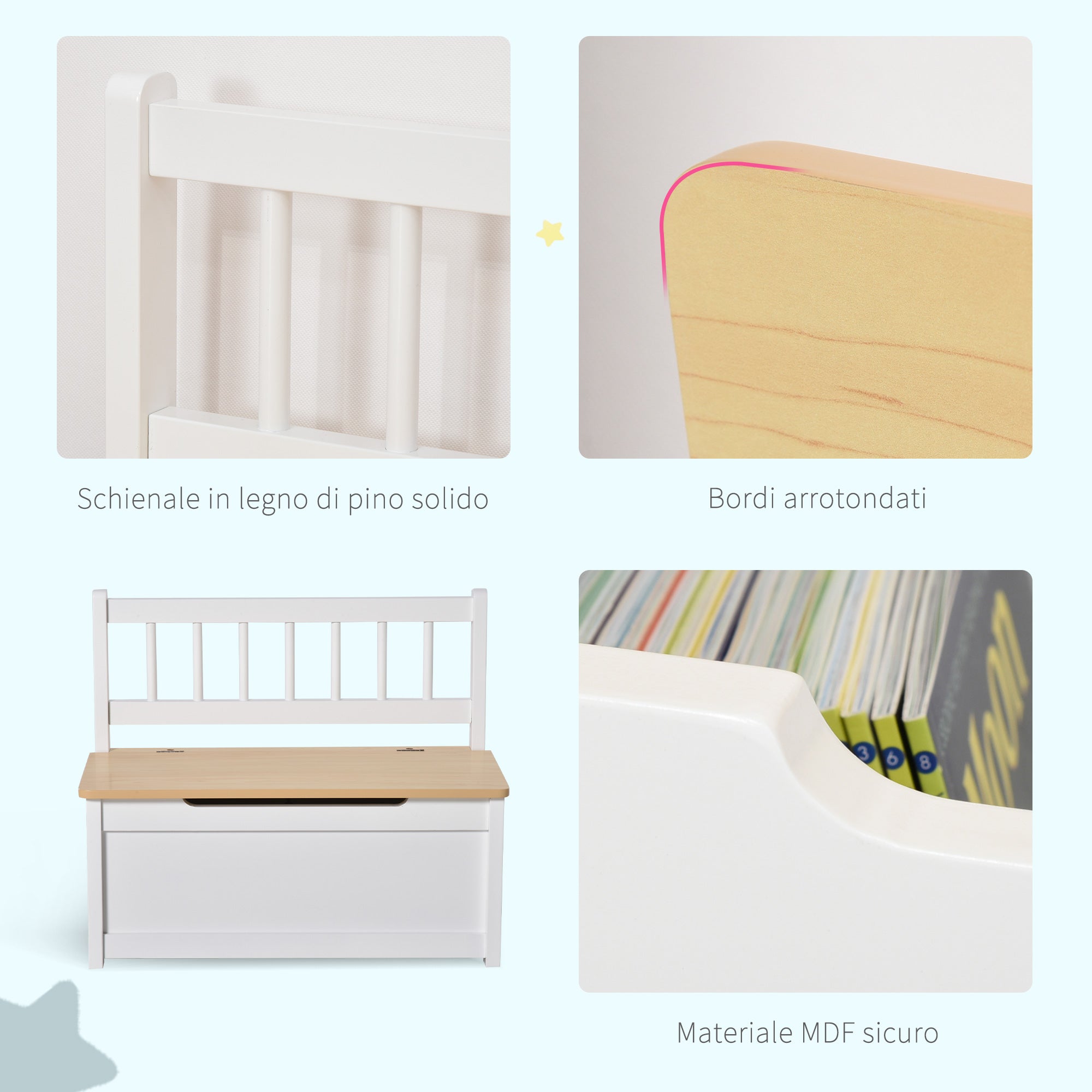 Easycomfort Cassapanca per Bambini 2 in 1 in Legno con Pistone per Chiusura Sicura, 60x30x50cm Bianco e Legno Naturale