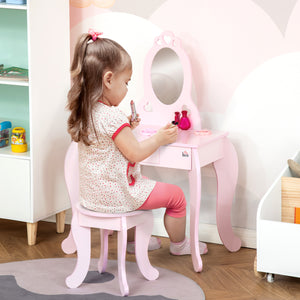 Easycomfort Tavolo Trucco per Bambini con Sgabello in Legno, Toeletta con Specchio e Cassetto, 60x36x88cm, Rosa