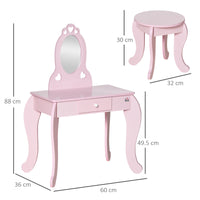 Easycomfort Tavolo Trucco per Bambini con Sgabello in Legno, Toeletta con Specchio e Cassetto, 60x36x88cm, Rosa