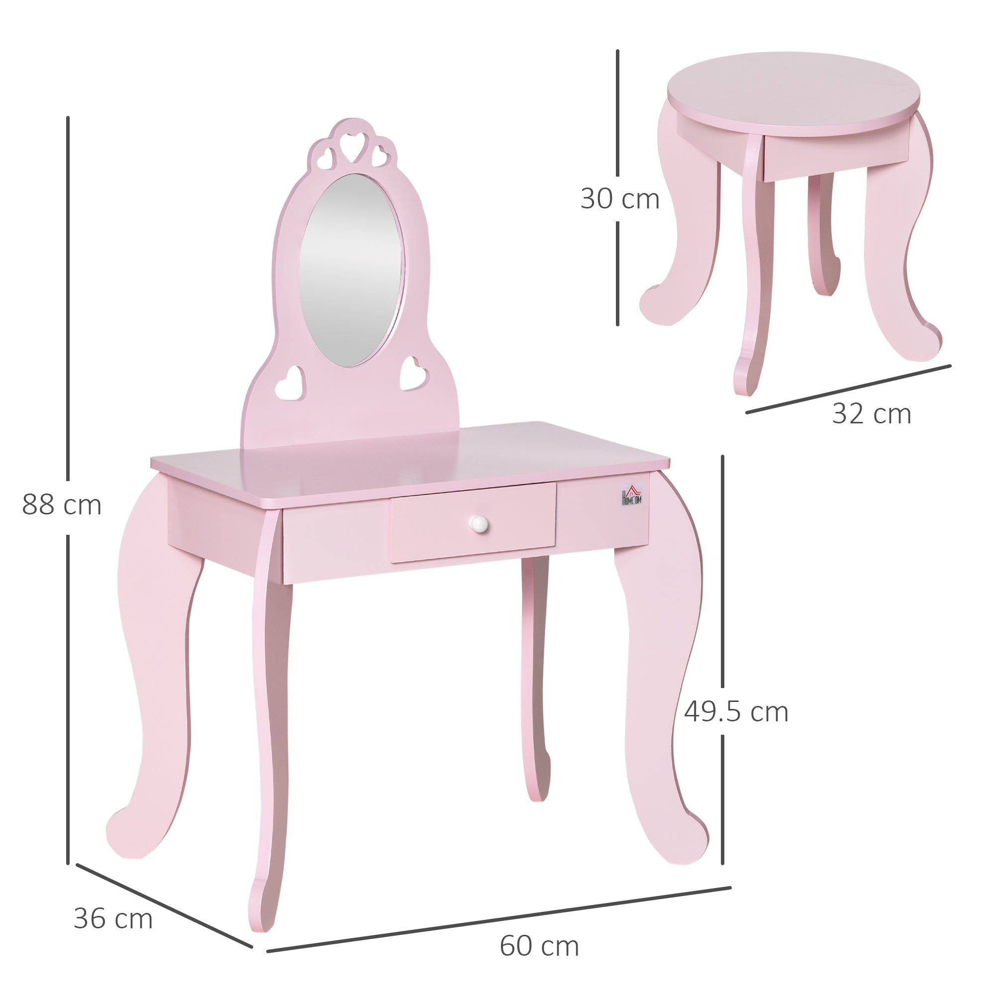Easycomfort Tavolo Trucco per Bambini con Sgabello in Legno, Toeletta con Specchio e Cassetto, 60x36x88cm, Rosa