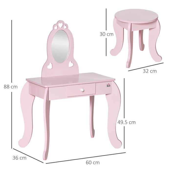 Easycomfort Tavolo Trucco per Bambini con Sgabello in Legno, Toeletta con Specchio e Cassetto, 60x36x88cm, Rosa