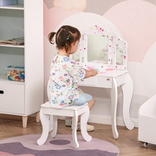 Easycomfort Toeletta per Bambini con Sgabello, Tavolo Trucco con Triplo Specchio e Cassetto, 63x40x85.5cm, Bianco