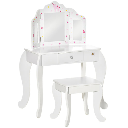 Easycomfort Toeletta per Bambini con Sgabello, Tavolo Trucco con Triplo Specchio e Cassetto, 63x40x85.5cm, Bianco