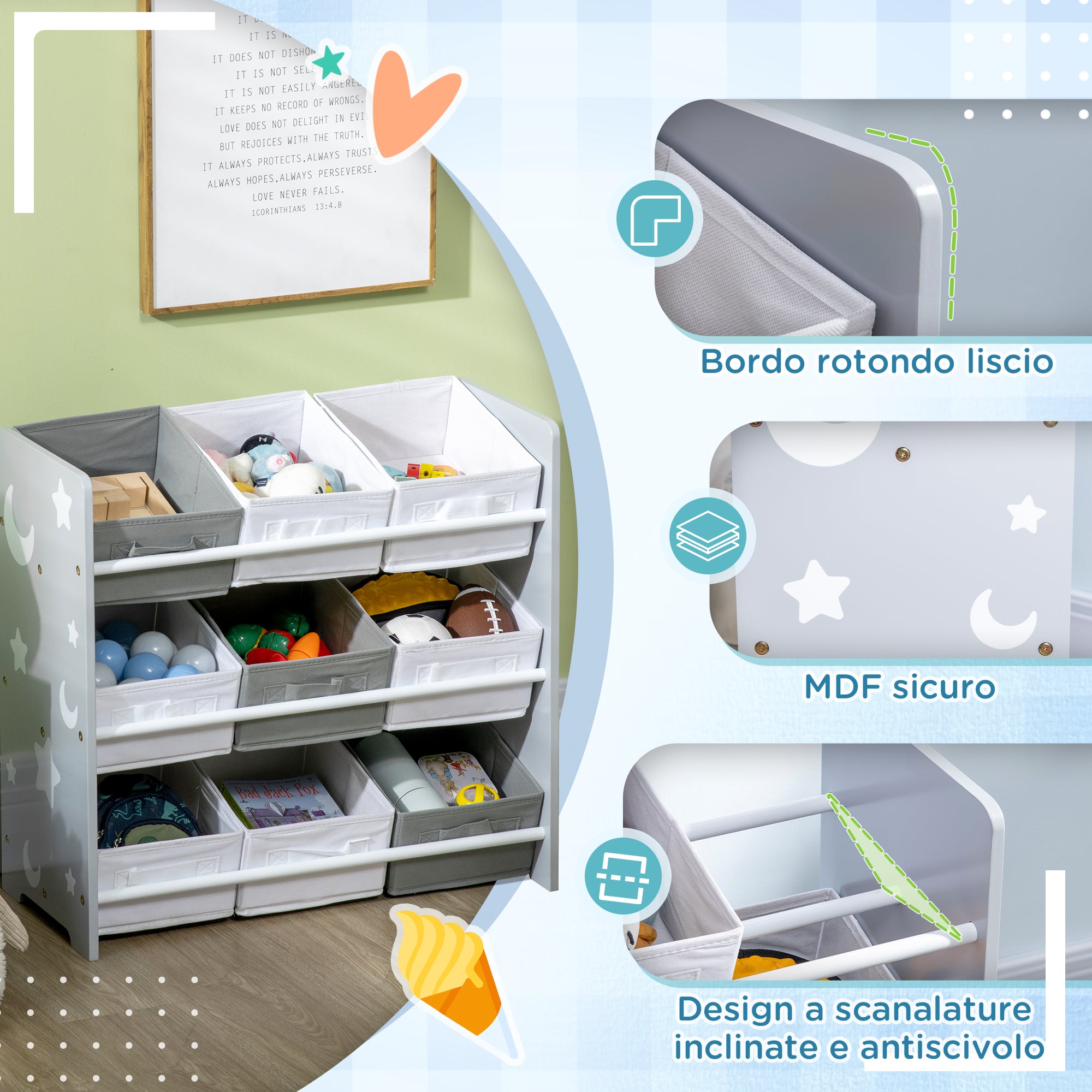 Easycomfort Mobiletto Portagiochi con 9 Cestini Rimovibili in MDF e Tessuto, 63x30x60cm, Grigio e Bianco
