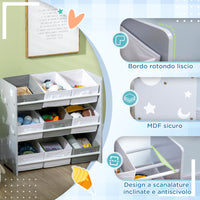 Easycomfort Mobiletto Portagiochi con 9 Cestini Rimovibili in MDF e Tessuto, 63x30x60cm, Grigio e Bianco