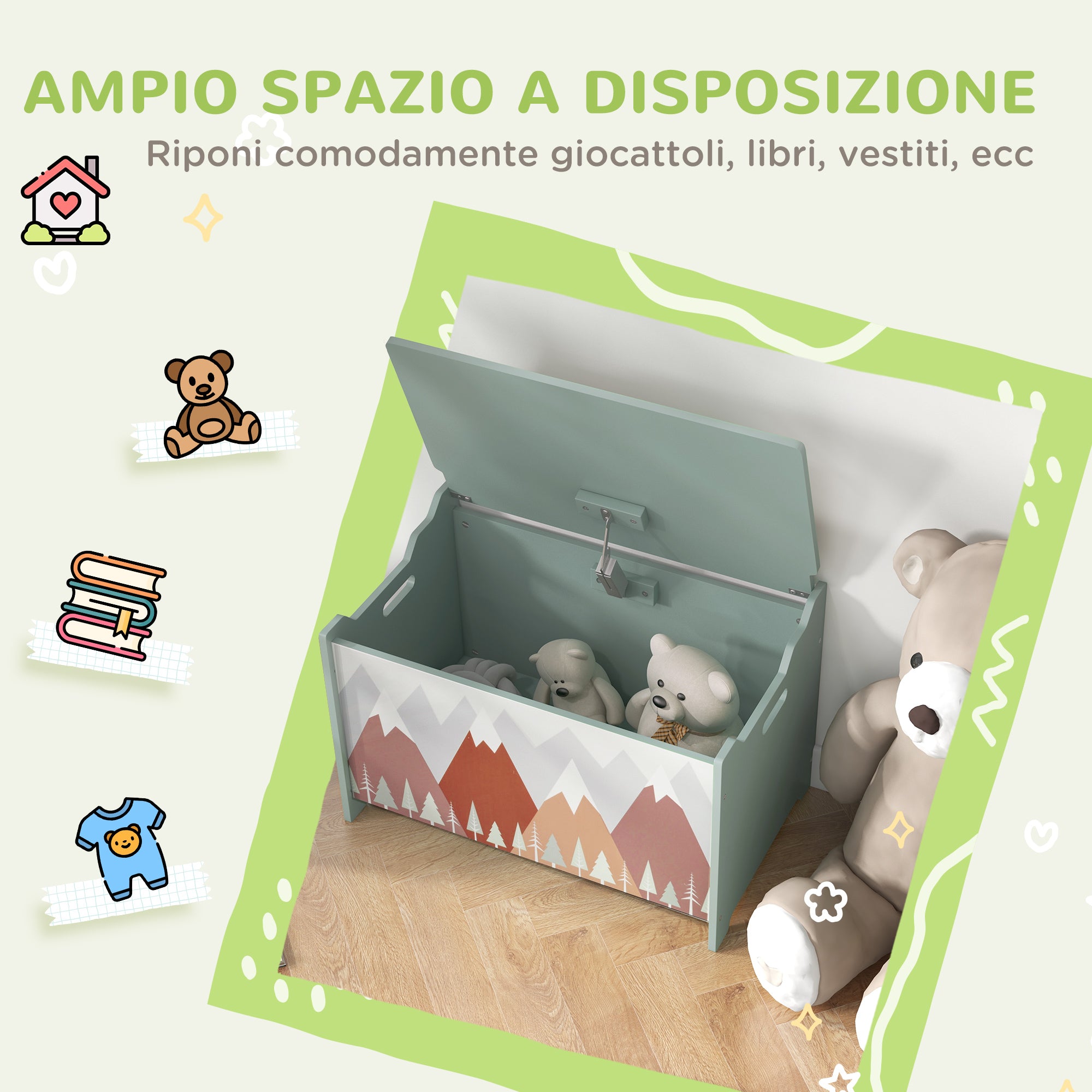 EasycomfortZONEKIZ Baule Portagiochi per Bambini con Coperchio e Cerniera di Sicurezza in MDF, 60x37x39cm, Verde