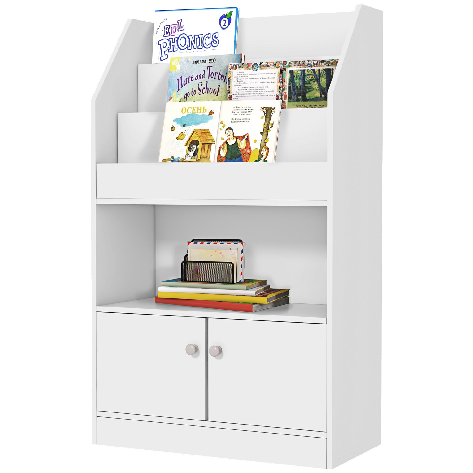 Easycomfort Scaffale Portagiochi per Bambini con Libreria e Armadietto in Legno, 60x29.5x100cm, Bianco