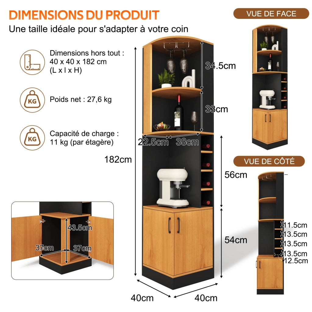 Credenza angolare portabottiglie con portabicchieri e 4 vani per cucina e soggiorno; in MDF; nero; 40 × 40 × 182 cm
