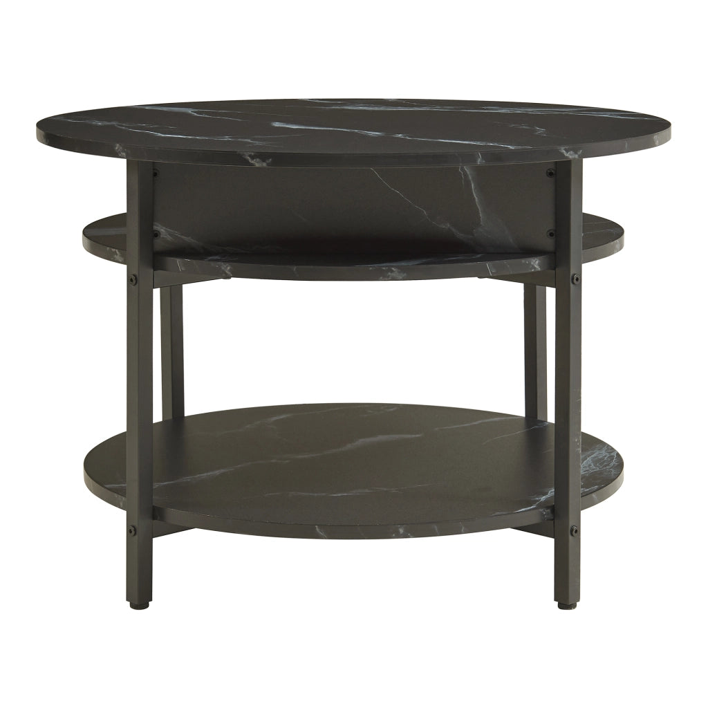 Tavolino da Caffè Kandas con Piano Rotondo Sollevabile (ØxA): 70x49 cm - Effetto Marmo Nero [en.casa]