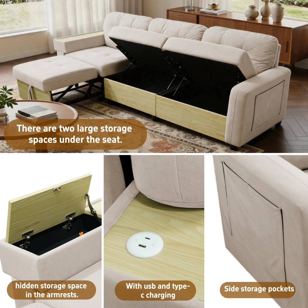 Divano angolare modulare con chaise longue estraibile USB contenitore e bracciolo con ripiano in velluto beige per soggiorno