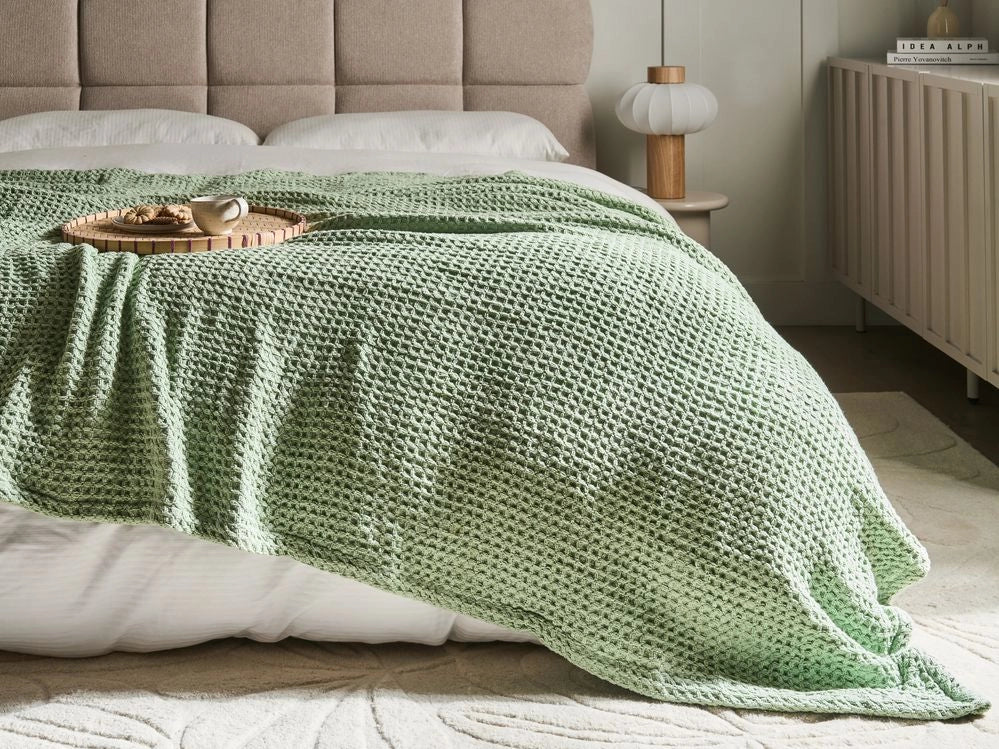 Copriletto in cotone verde 150 x 200 cm con motivo a quadretti, decorativo, per il soggiorno e la camera da letto.
